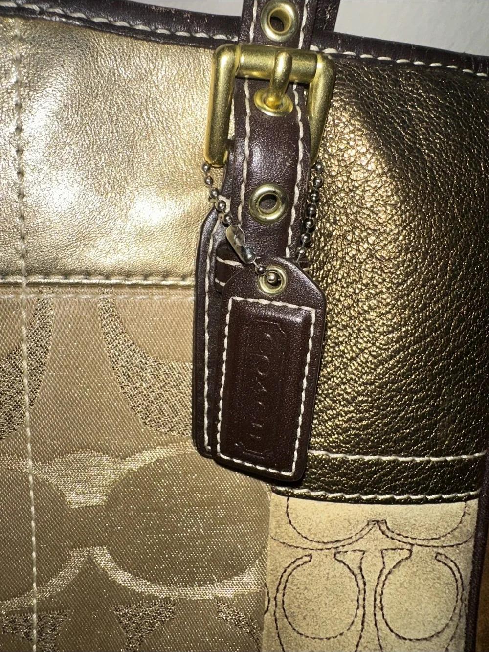 Vintage Coach Hampton Patchwork Tote Bag Brown Suede & Metallic Gold Y2K